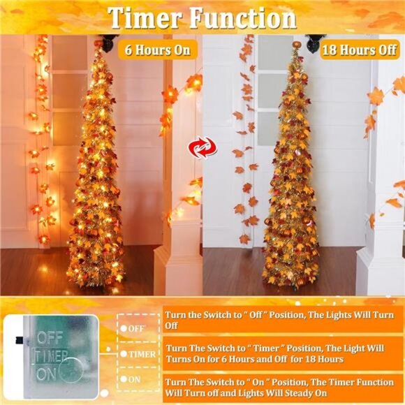 5 FT Fall Tree Fall Decor, Pop Up Tinsel Maples Tree with Timer 50 Warm White - Picture 4 of 7